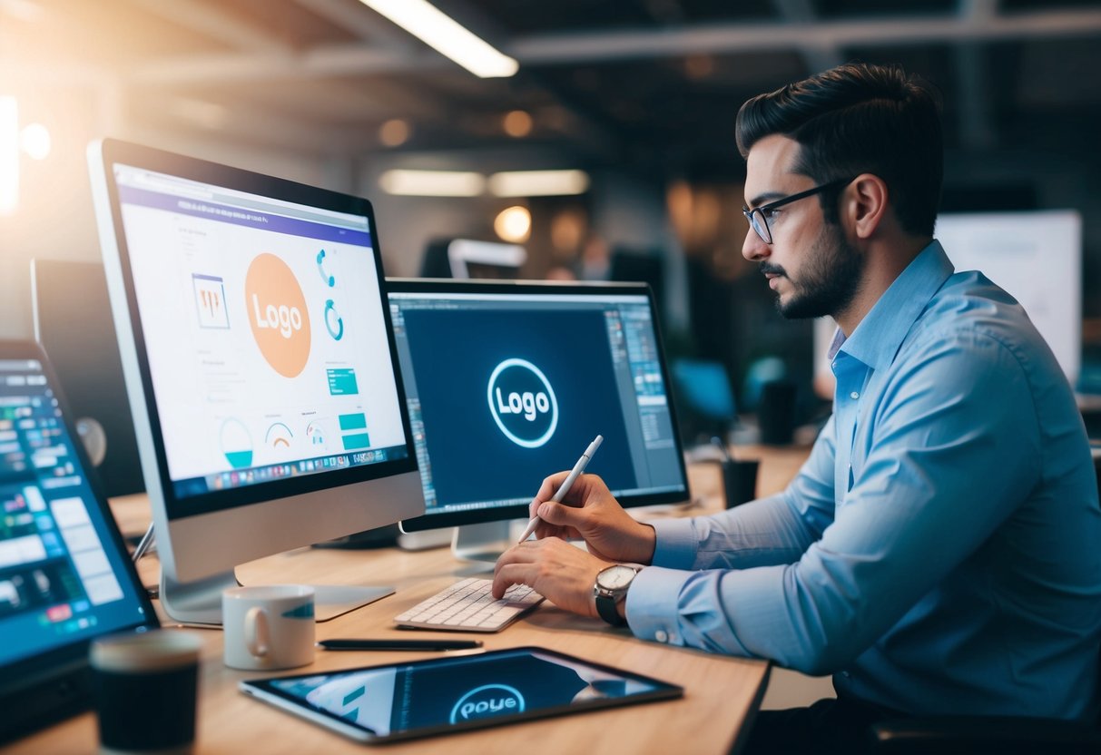 Um designer está sentado a um computador, a selecionar cuidadosamente ferramentas digitais para criar um logótipo, rodeado por vários softwares de design e uma tablet.