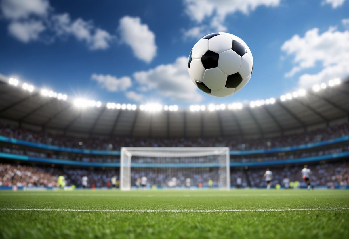 Uma bola de futebol a voar pelo ar em direção a uma baliza, com um estádio cheio de adeptos a aplaudir ao fundo.