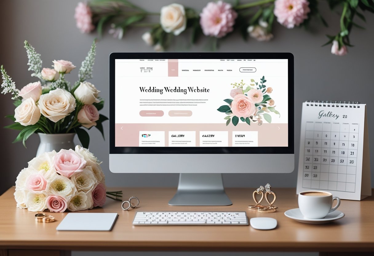 Computador com um site de casamento aberto, rodeado por flores, alianças e um calendário com a data do casamento.
