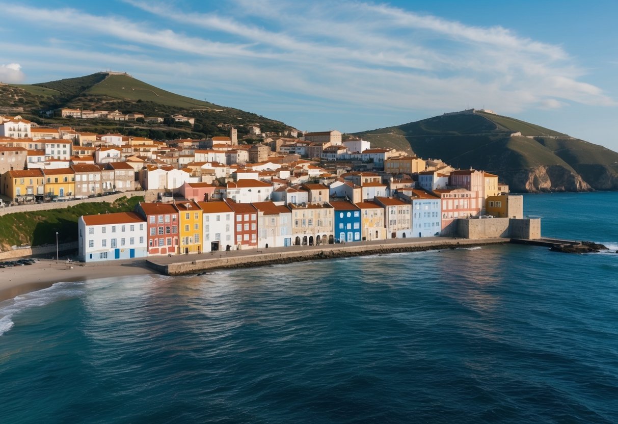Uma vista cénica da costa de Portugal com casas coloridas e arquitetura tradicional aninhadas contra o pano de fundo de colinas onduladas e o oceano cintilante.