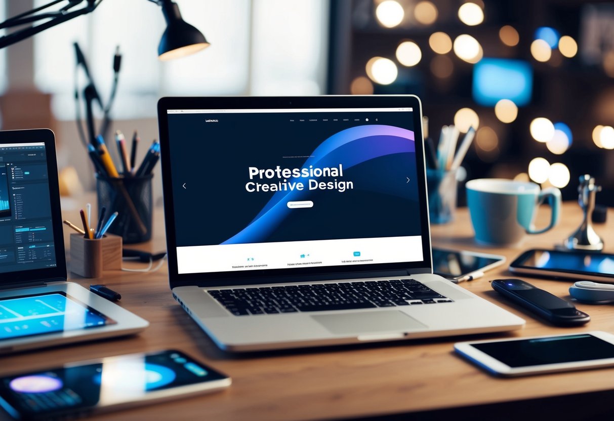 Um portátil a mostrar um design de website elegante e moderno, rodeado por vários dispositivos digitais e ferramentas criativas.