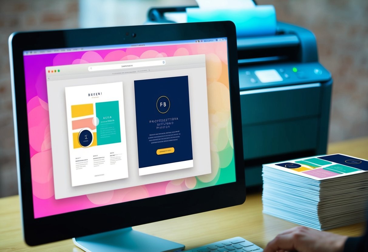Um ecrã de computador a mostrar um design de folheto digital com uma impressora ao fundo. A impressora está a produzir um monte de folhetos coloridos.