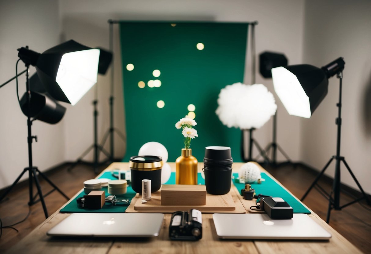 Um conjunto de produtos bem iluminado com vários acessórios e fundos para fotografia