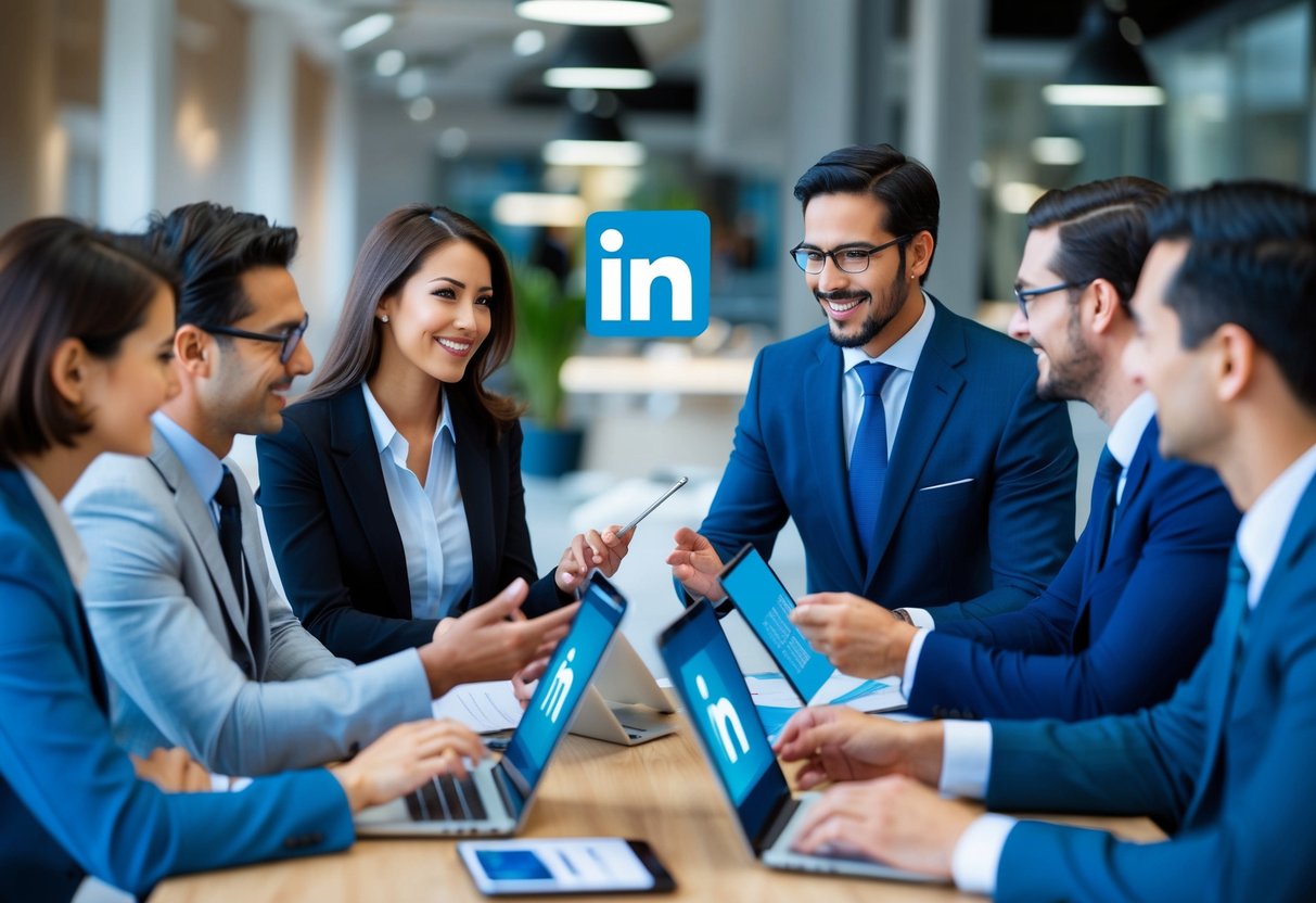 Um grupo de profissionais a envolver-se em networking e a partilhar insights de negócios no LinkedIn, com um foco na gestão eficaz de empresas.