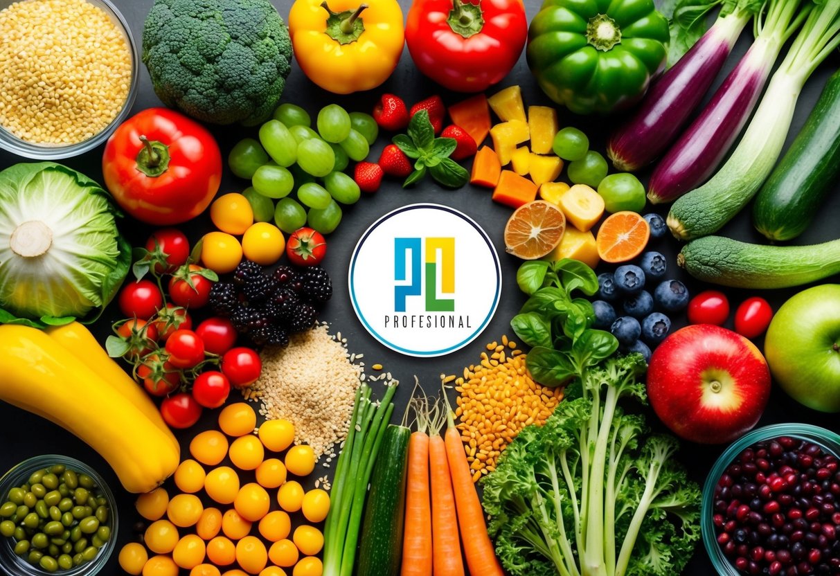 Uma variedade colorida de frutas, legumes e grãos dispostos numa composição equilibrada e apelativa, com um logótipo moderno e profissional no centro.