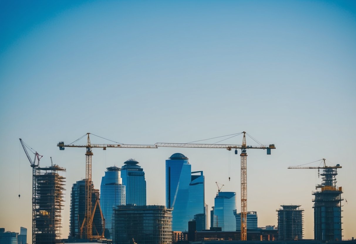 Um horizonte com várias estruturas de construção, como edifícios, gruas e andaimes, contra um fundo de um céu azul claro.