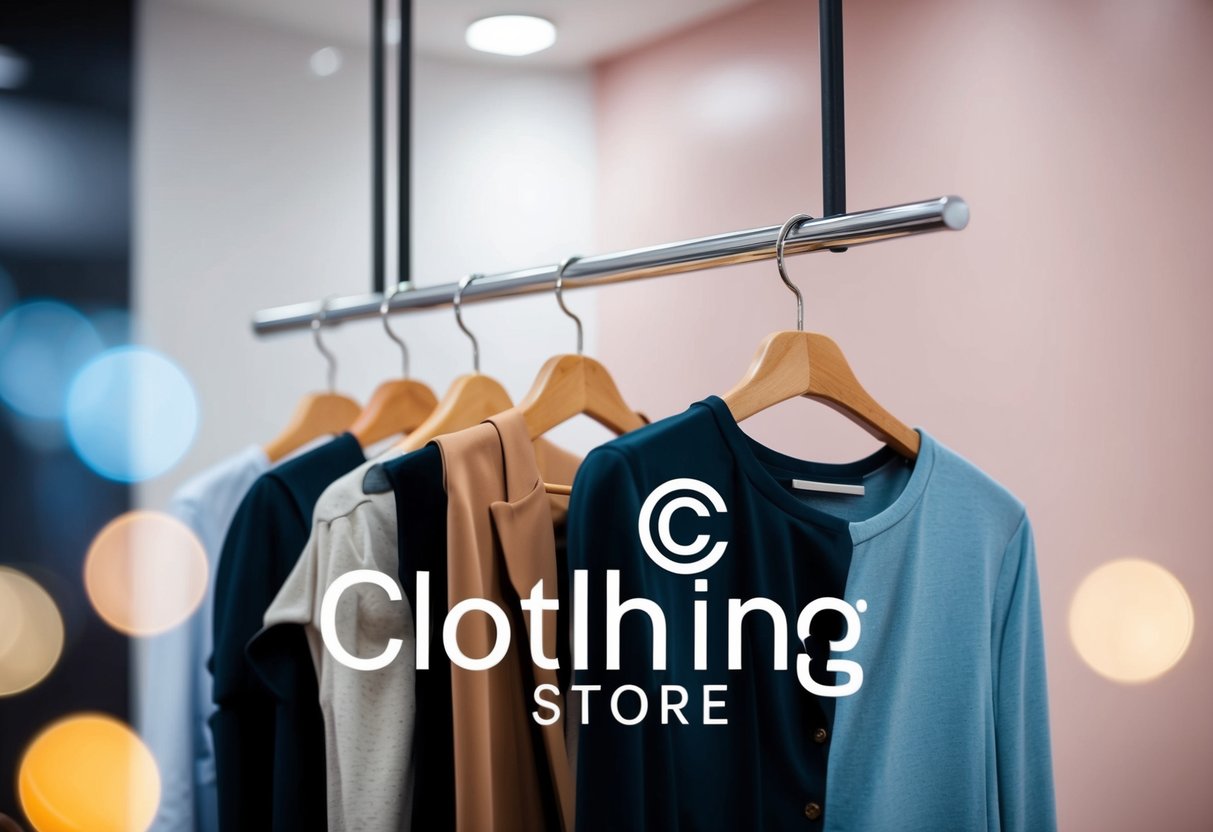 Um logótipo de loja de roupas com um cabide onde pendem itens de vestuário modernos e estilosos, rodeado por uma palete de cores trendy e elementos de design elegantes.
