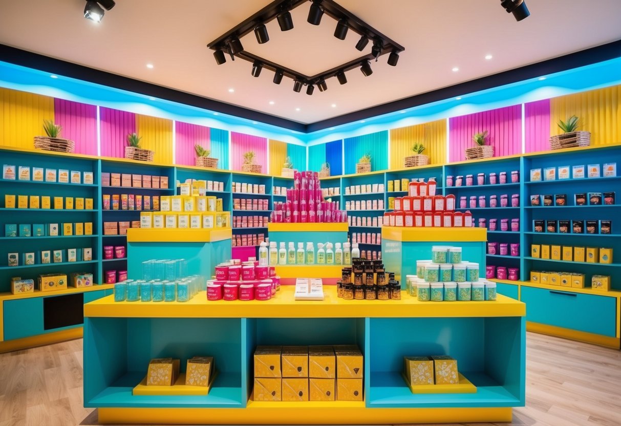 Uma exibição vibrante e atraente de produtos dispostos em prateleiras e mesas numa loja trendy do Instagram