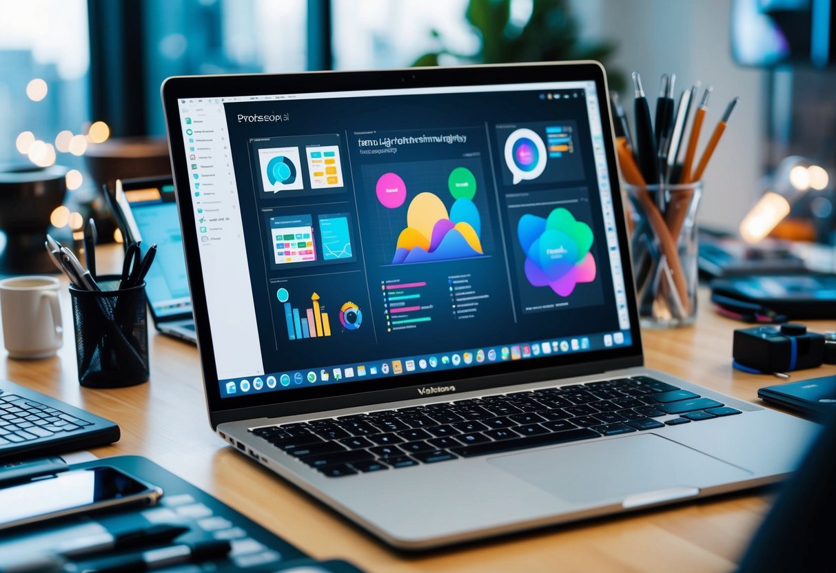 Um laptop elegante a exibir aplicações avançadas de marketing digital e design gráfico, rodeado por ferramentas criativas e tecnologia.