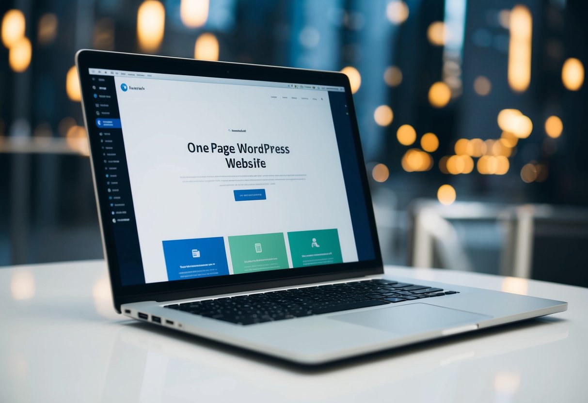 Um portátil a exibir um site WordPress de uma página, com um design elegante e moderno, apresentando um scroll suave e elementos interativos.