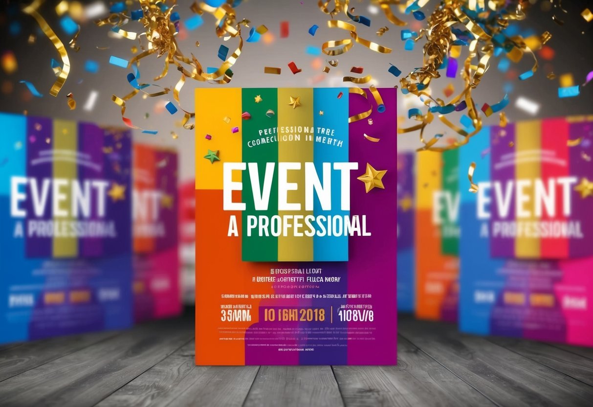 Um cartaz de evento colorido com decorações festivas e confetes a voar pelo ar