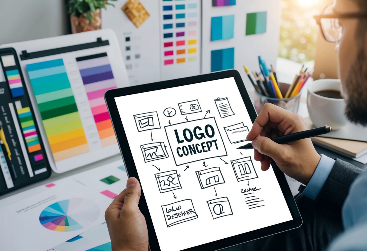 Um designer a esboçar conceitos de logótipos num tablet, rodeado por amostras de cor e quadros de inspiração.
