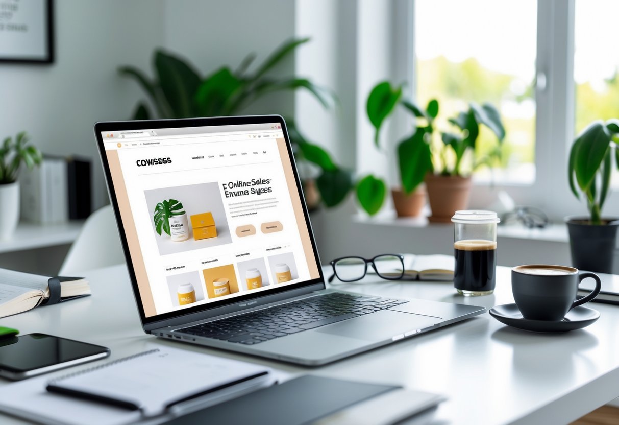 Mesa de escritório com computador portátil a mostrar um site de vendas online, rodeado de objetos de trabalho como telemóvel, caderno e chávena de café.