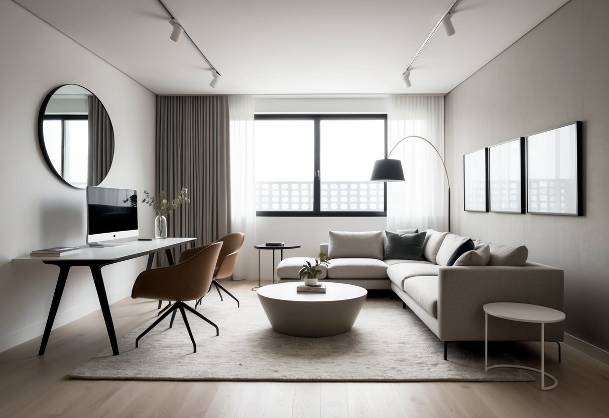 Um estúdio de design português moderno com móveis elegantes e decoração minimalista, apresentando linhas limpas e uma palete de cores neutras.