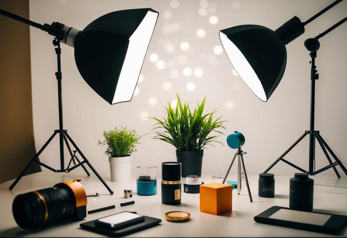Uma sessão fotográfica de produto bem iluminada com vários adereços e fundos para diferentes estratégias de apresentação.