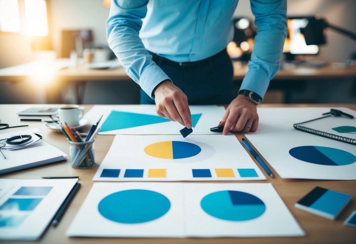 Um designer seleciona cuidadosamente cores e formas para um logótipo, rodeado de esboços e ferramentas de design num estúdio moderno.
