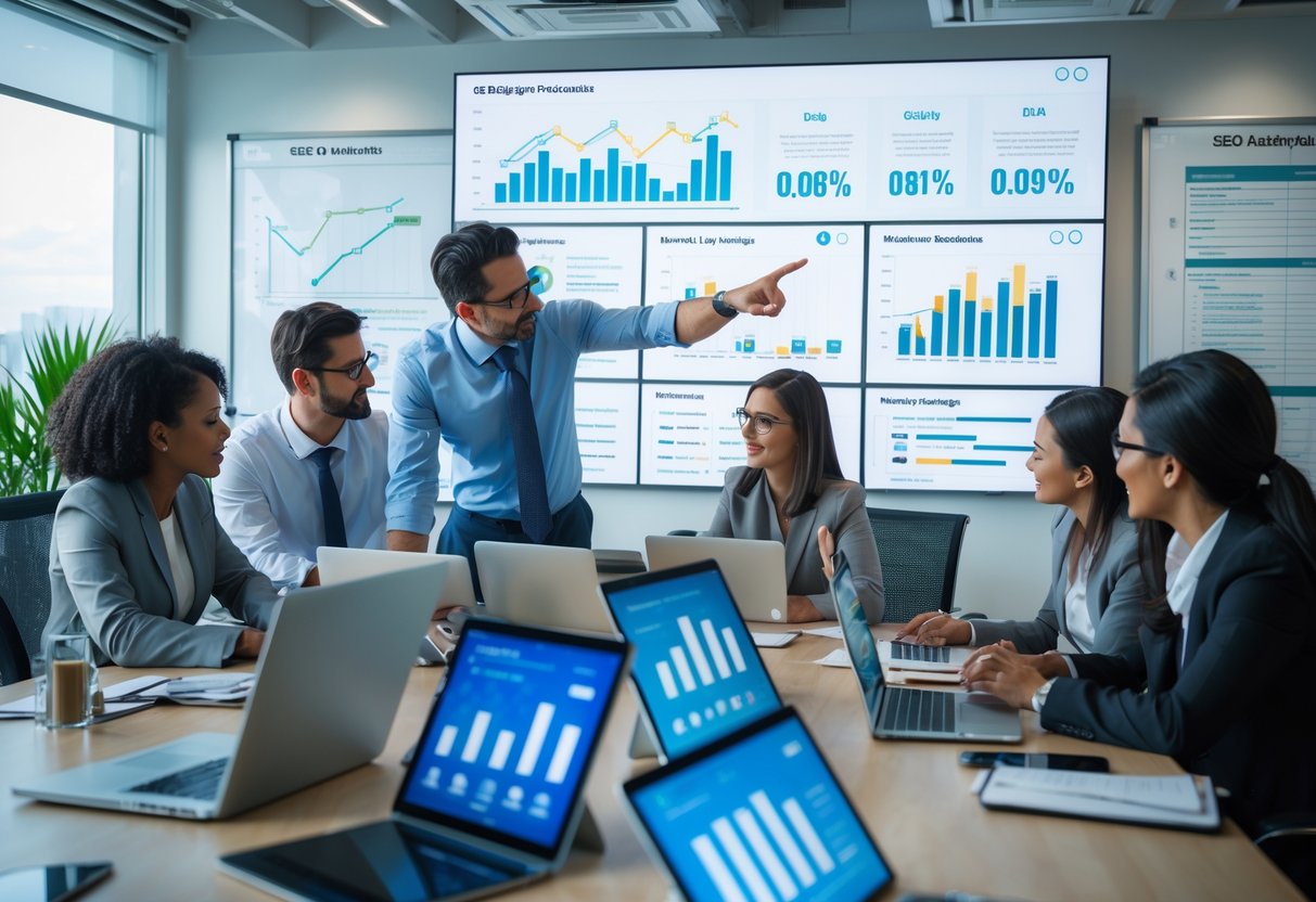 Equipa de profissionais a colaborar num escritório moderno, analisando gráficos e dados de SEO em computadores e num ecrã digital.