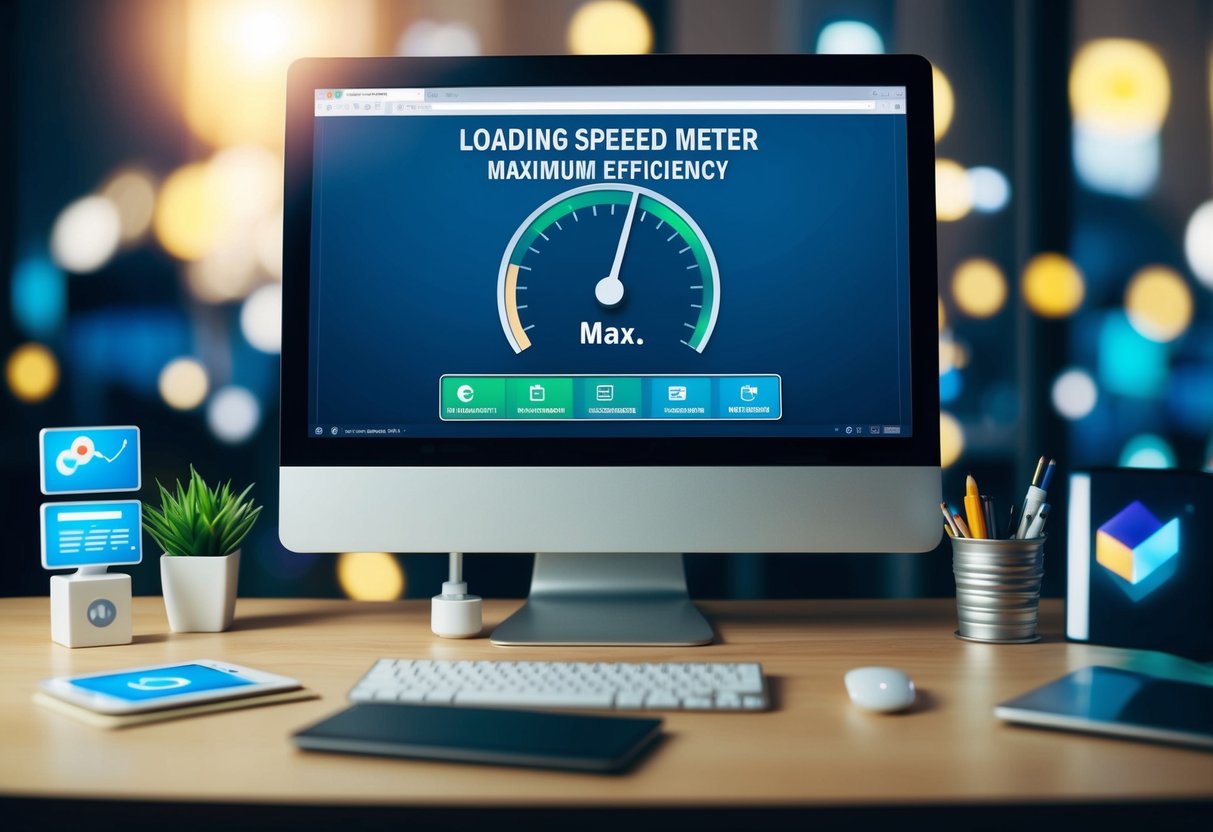 Um ecrã de computador com um medidor de velocidade de carregamento a atingir a eficiência máxima, rodeado por várias ferramentas de desenvolvimento web e ícones de otimização.