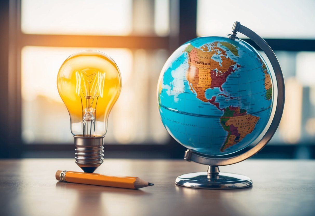 Uma combinação simples mas poderosa de uma lâmpada, um lápis e um globo, representando criatividade, inovação e alcance global.