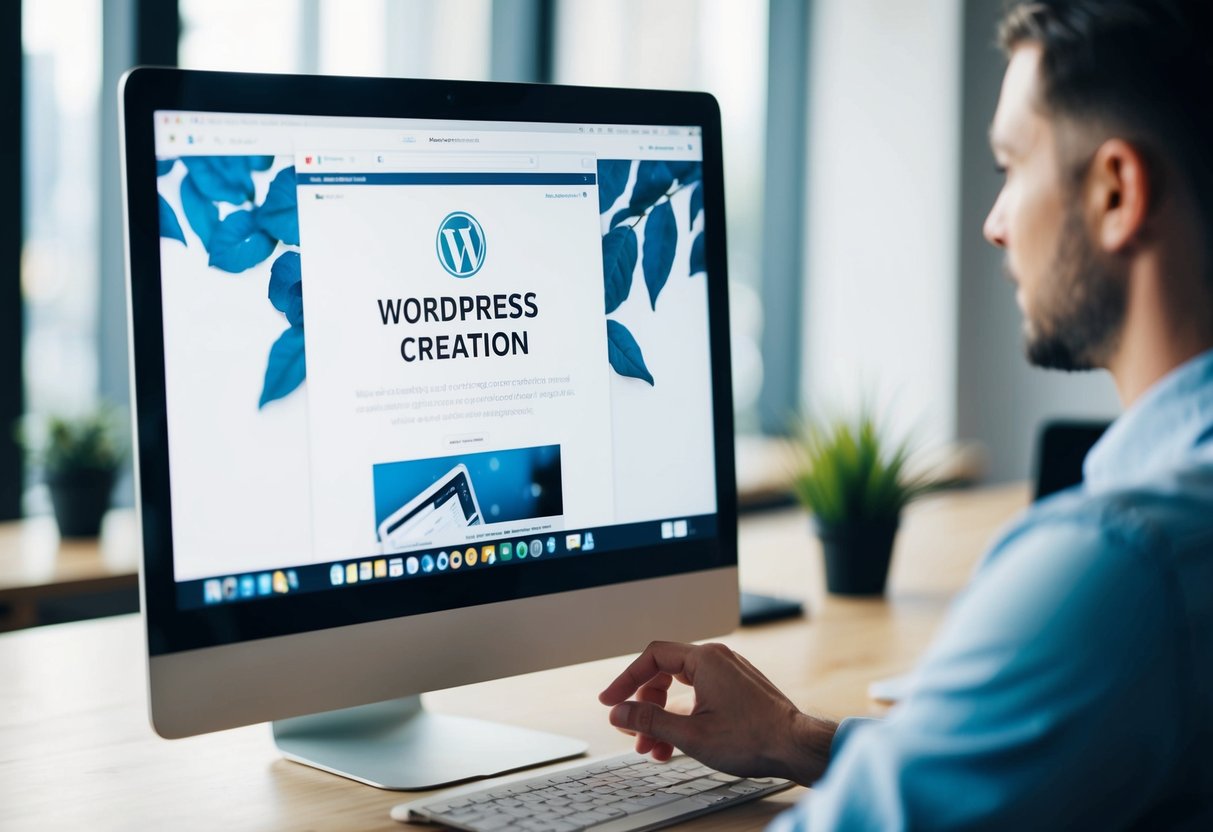 Uma tela de computador com a interface de criação de websites WordPress aberta, o ponteiro do rato a clicar e arrastar elementos.