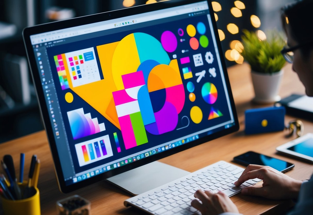 Uma palete vibrante de ferramentas de design digital e elementos gráficos dispostos numa composição dinâmica numa tela de computador
