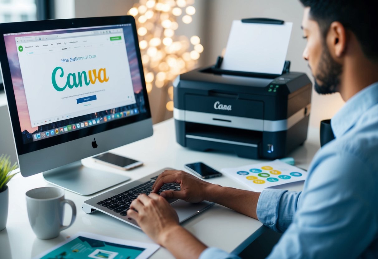 Uma pessoa a usar o Canva para criar materiais impressos, com um computador, impressora e vários elementos de design numa secretária.