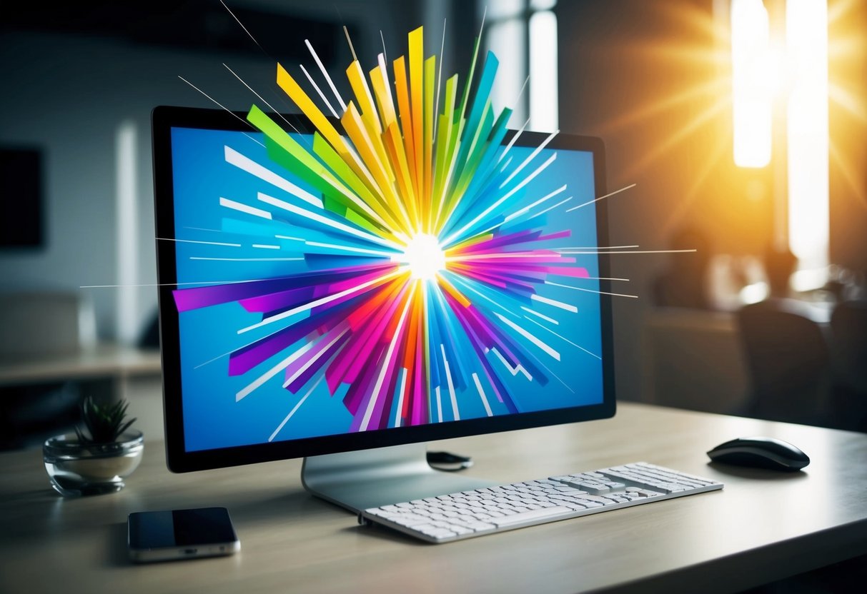 Um design vibrante e abstrato emerge de um ecrã de computador, irradiando energia e criatividade. Cores brilhantes e formas dinâmicas transmitem o impacto de um logótipo poderoso.