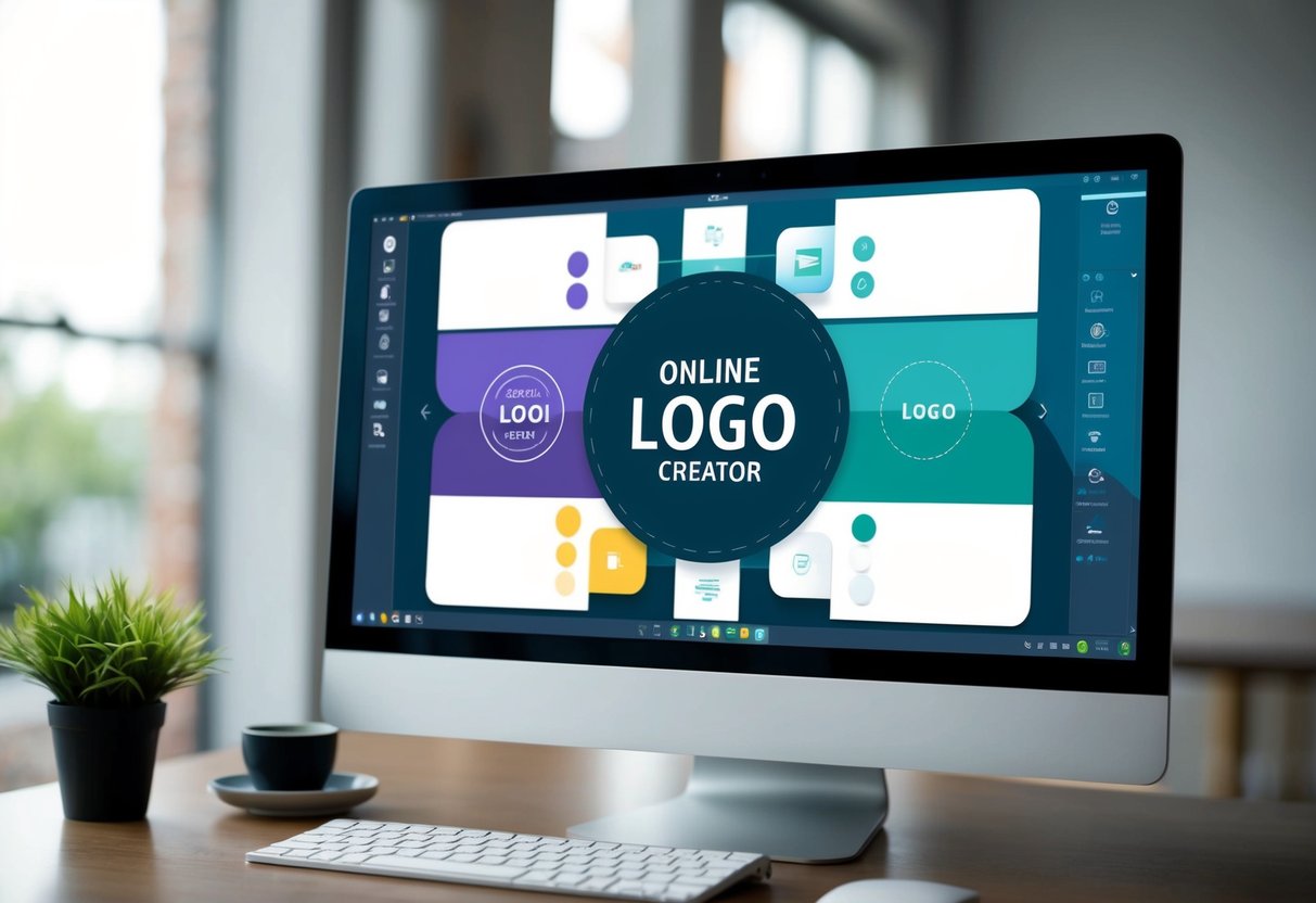 Um ecrã de computador a mostrar uma série de passos para criar um logótipo utilizando uma ferramenta online de criação de logótipos. Vários elementos de design e opções de cor estão exibidos.