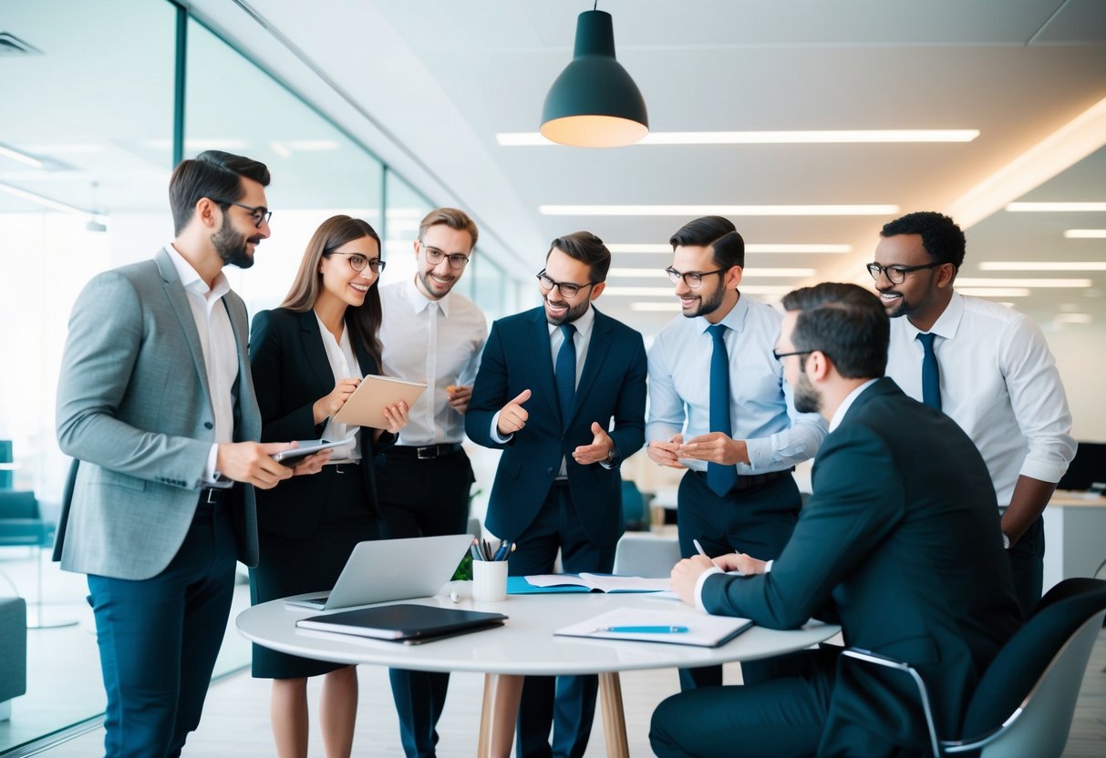 Um grupo de profissionais criativos a fazer uma sessão de brainstorming e a discutir ideias num espaço de escritório elegante e moderno.