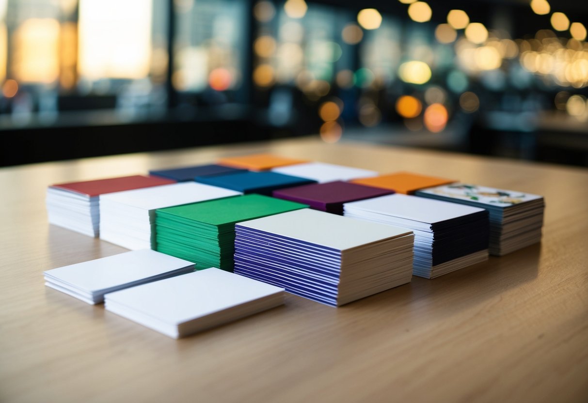 Um conjunto de cartões de visita dispostos em uma linha organizada com vários designs e cores