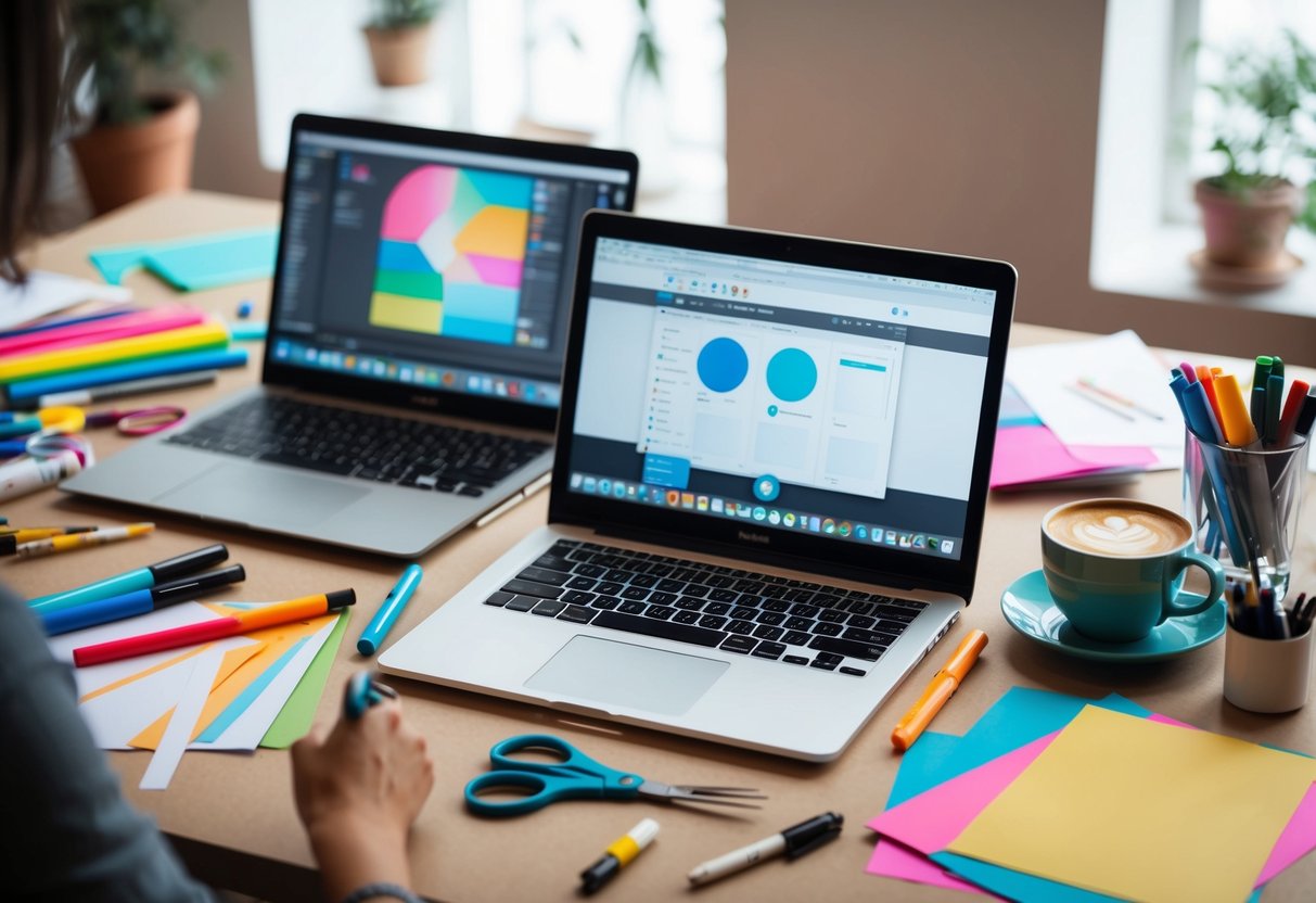 Uma mesa com materiais de arte espalhados, incluindo marcadores, papel e tesouras. Um portátil a mostrar software de design e uma chávena de café.