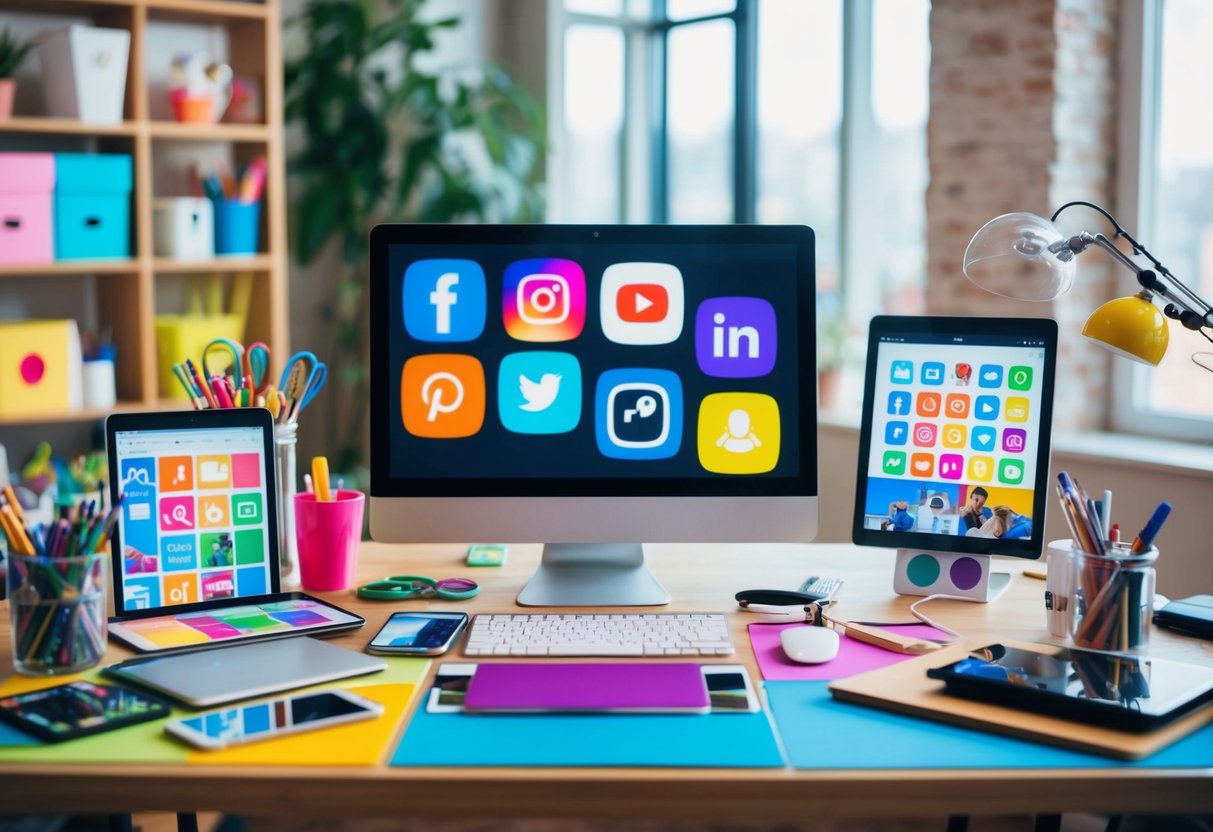 Uma cena colorida e vibrante de criação de conteúdo para redes sociais com vários materiais de arte e dispositivos digitais numa secretária.