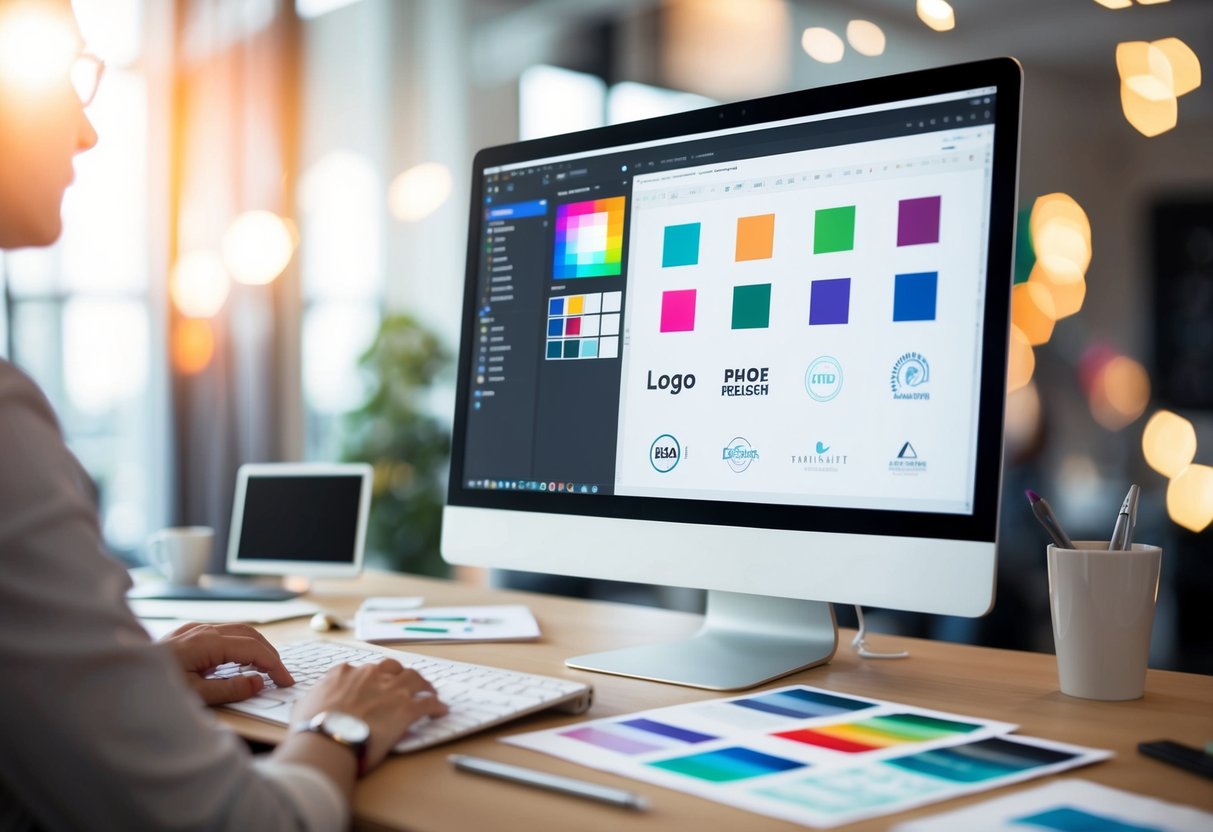 Um ecrã de computador com software de design aberto, rodeado por vários esboços de logótipos e amostras de cores
