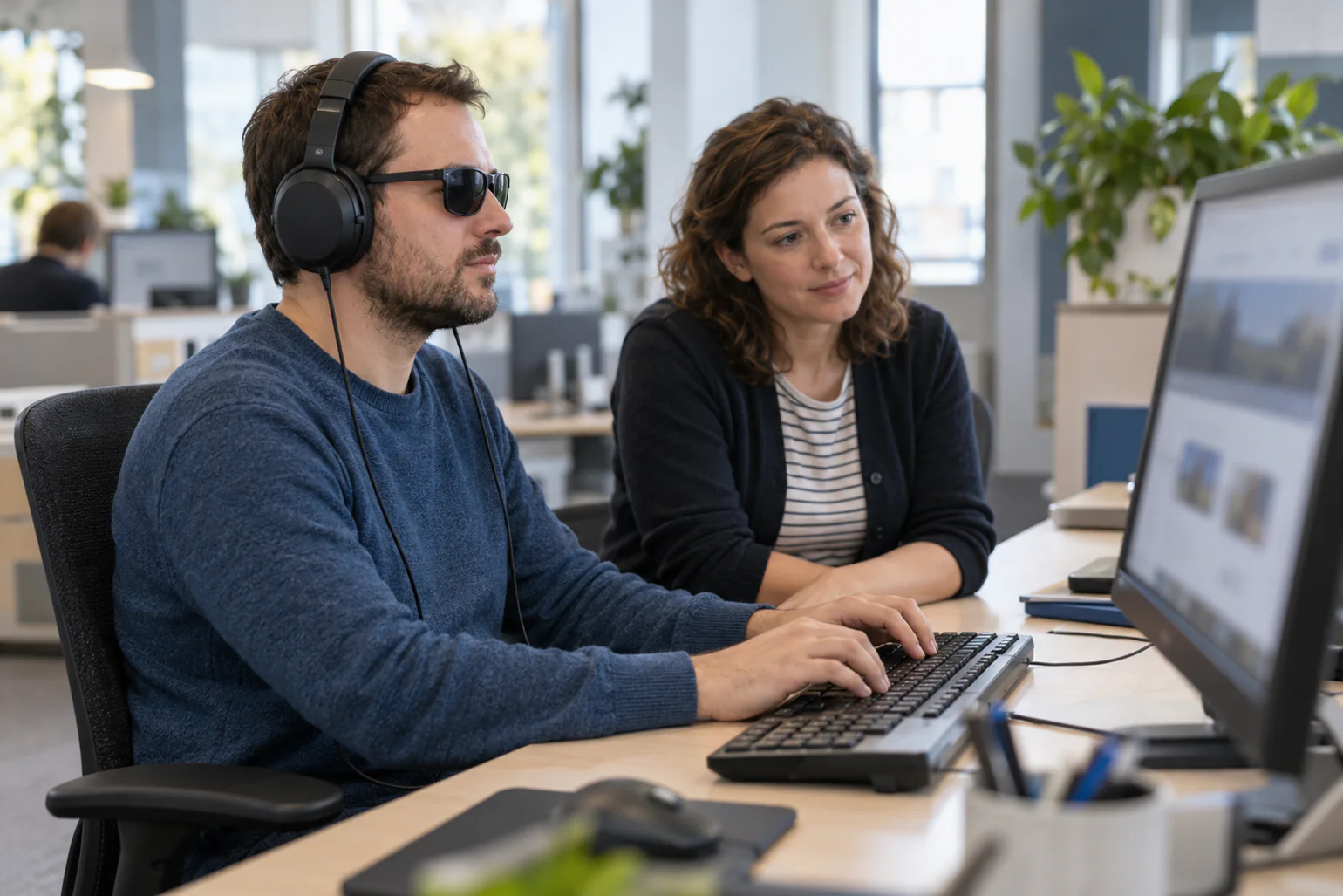 Declaração de Acessibilidade: O Que É, o Que Deve Conter e Onde Publicar 4 Teste de um site com leitor de ecrã: um utilizador com auscultadores navega pelo teclado e uma avaliadora acompanha, uma das avaliações que sustentam a declaração de acessibilidade