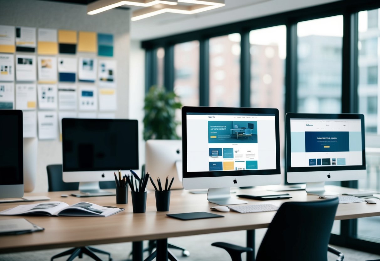 Um espaço de escritório moderno com computadores elegantes, esboços de design e um painel de inspiração a mostrar vários layouts de websites e paletas de cores.