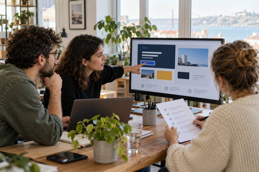 WCAG 2.2: Guia em Português com Checklist AA para Entidades Públicas 1 Equipa num escritório em Lisboa a rever a acessibilidade de um site pela WCAG, com uma designer a apontar para o botão em foco e uma colega a marcar a lista de verificação