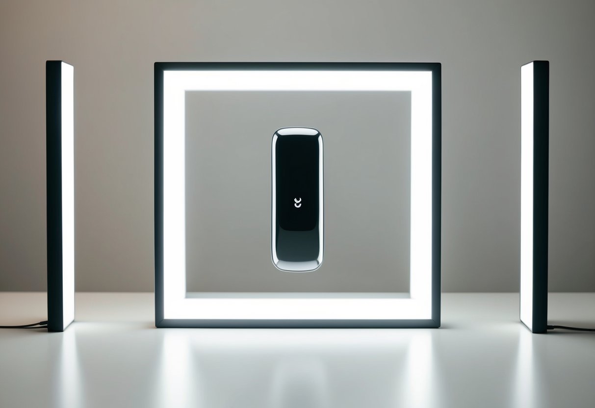 Uma mesa bem iluminada e minimalista com um produto elegante e moderno centrado e enquadrado contra um fundo branco limpo.