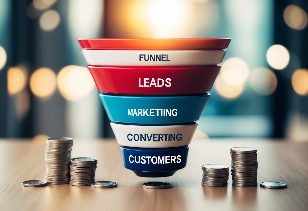 Um funil com diferentes etapas que representam o processo de vendas de marketing, com leads a entrar no topo e a converterem-se em clientes na parte inferior.