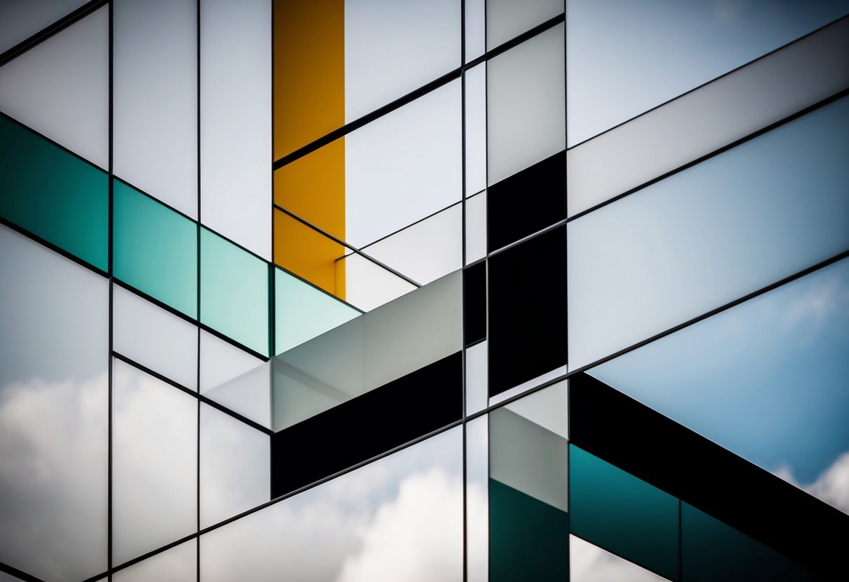 Um design elegante e abstrato com linhas limpas e formas geométricas numa palete de cores contemporânea e audaciosa.