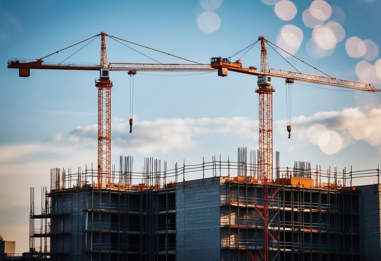 Um estaleiro de construção com gruas, andaimes e edifícios em construção