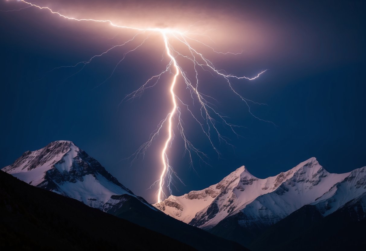Um poderoso raio a atingir o pico de uma montanha à noite