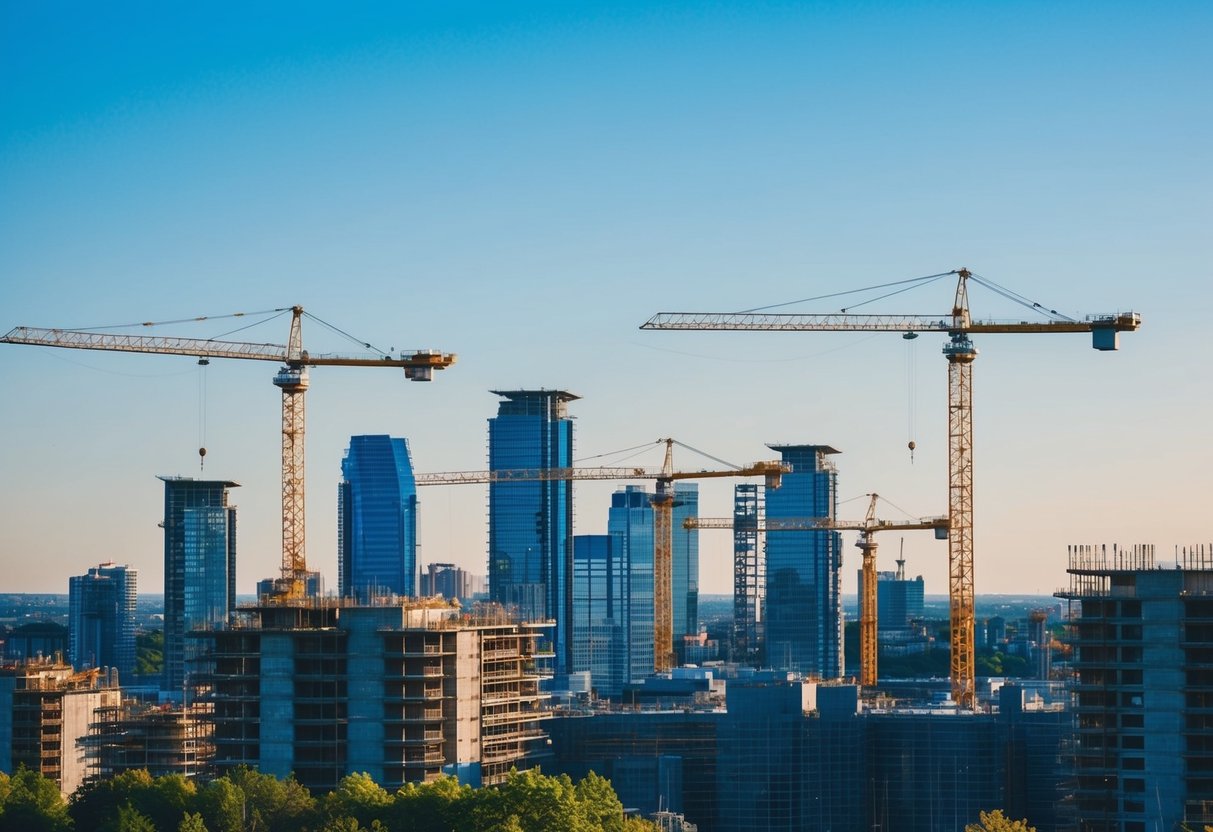 Um horizonte de edifícios em construção, com gruas e andaimes contra um céu azul claro