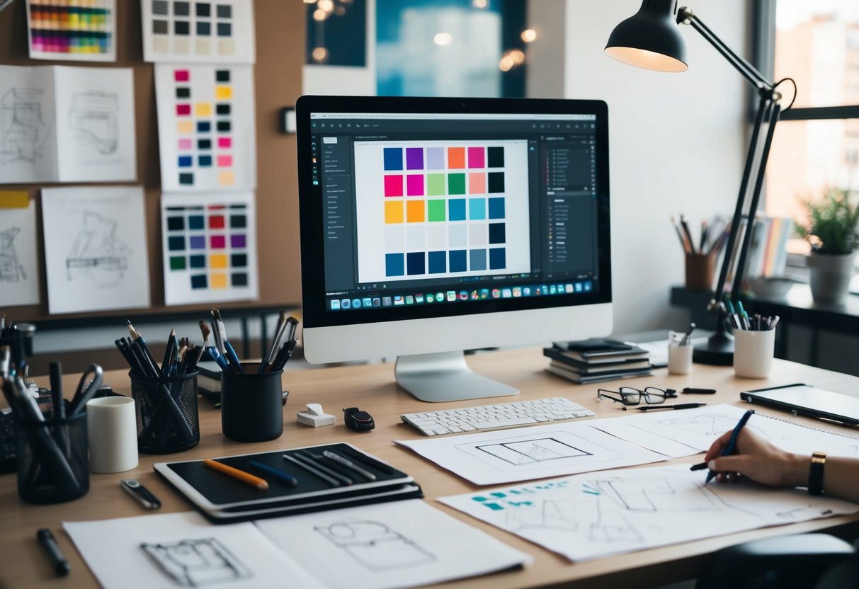 Uma mesa de designer com várias ferramentas de desenho e um computador, rodeada de esboços e amostras de cores.