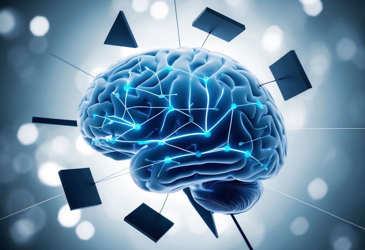Um cérebro com neurónios interconectados, rodeado por formas abstratas que simbolizam a complexidade da mente humana.