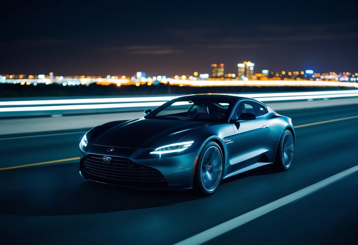 Um carro elegante e futurista a acelerar numa autoestrada à noite, com as luzes da cidade a desfocar ao fundo.