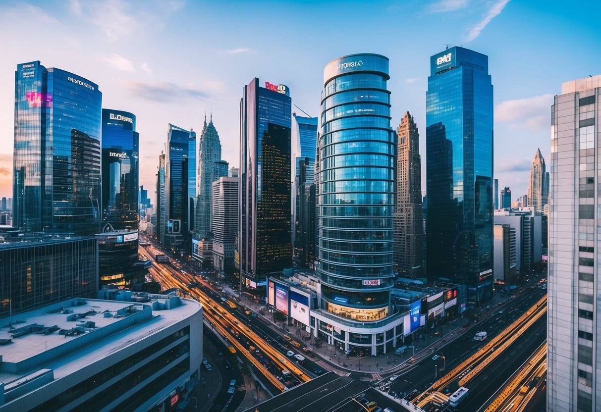Uma paisagem urbana vibrante com arranha-céus, painéis publicitários e ruas movimentadas, a mostrar um ambiente de marketing moderno e dinâmico.
