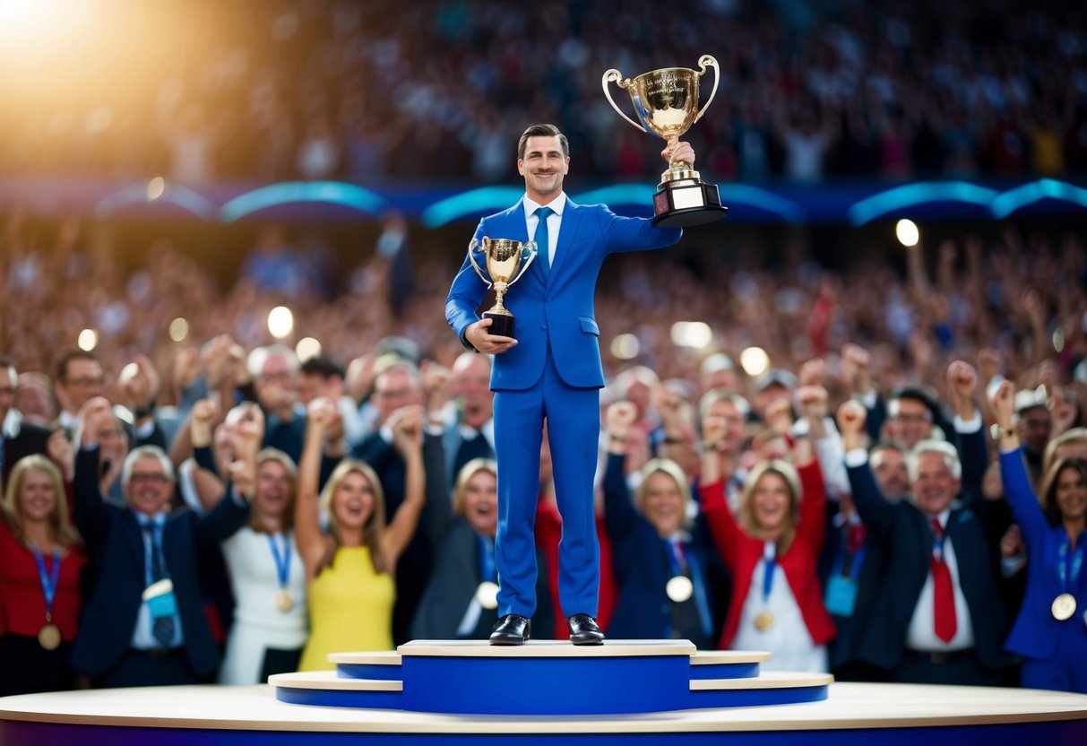 Uma figura em pé num pódio, rodeada por multidões a aplaudir e segurando um troféu