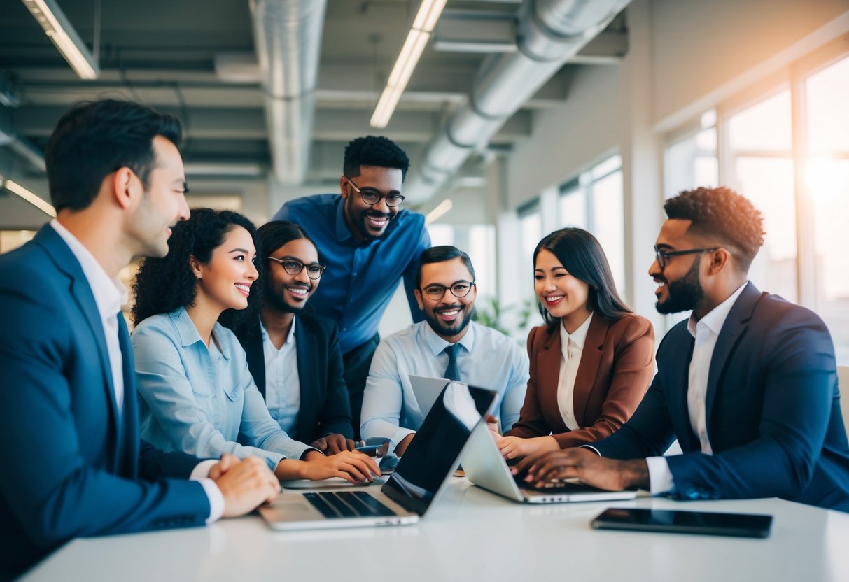 Um grupo de pessoas diversas a trabalhar em conjunto num ambiente de escritório
