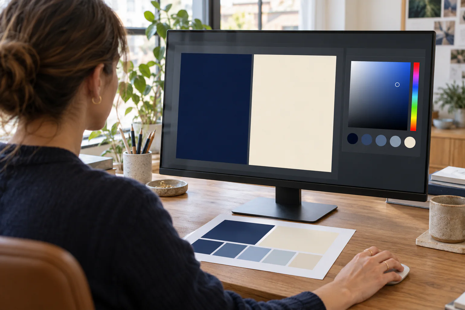 WCAG 2.2: Guia em Português com Checklist AA para Entidades Públicas 11 Designer a comparar o contraste entre azul-marinho e creme no ecrã e em amostras impressas, para escolher cores que cumpram a WCAG