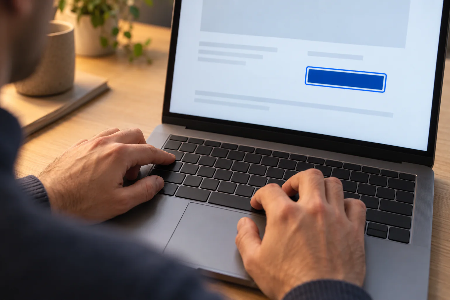 WCAG 2.2: Guia em Português com Checklist AA para Entidades Públicas 10 Mãos num portátil a percorrer uma página só com o teclado, com o botão em foco destacado por um contorno azul, como pede a WCAG